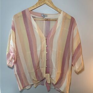 Rails Pink and Cream 3/4 Sleeve Tie Front Blouse